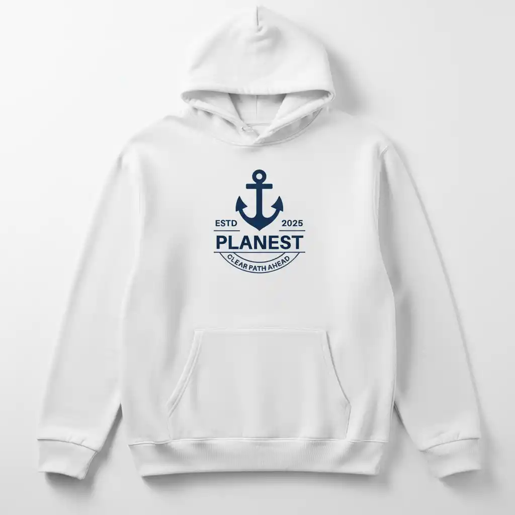 Hoodie Mockup Generator-Bold navy anchor crest with ESTD 2025, PLANEST typography, and curved path motto for nautical apparel branding