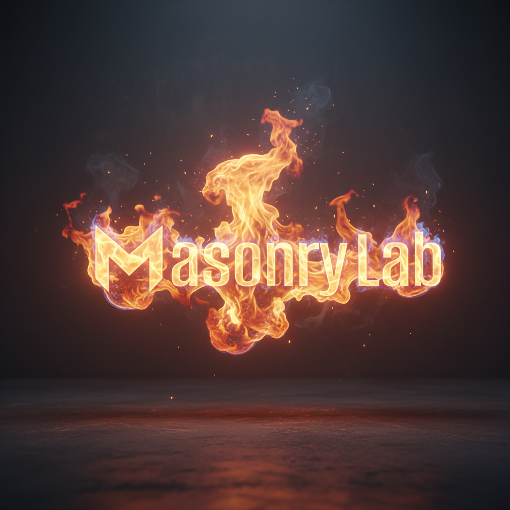 AI Logo Art-A bold, flame-etched logo displaying 'Masonry Lab' in fiery typography against a dark, smoky studio backdrop.