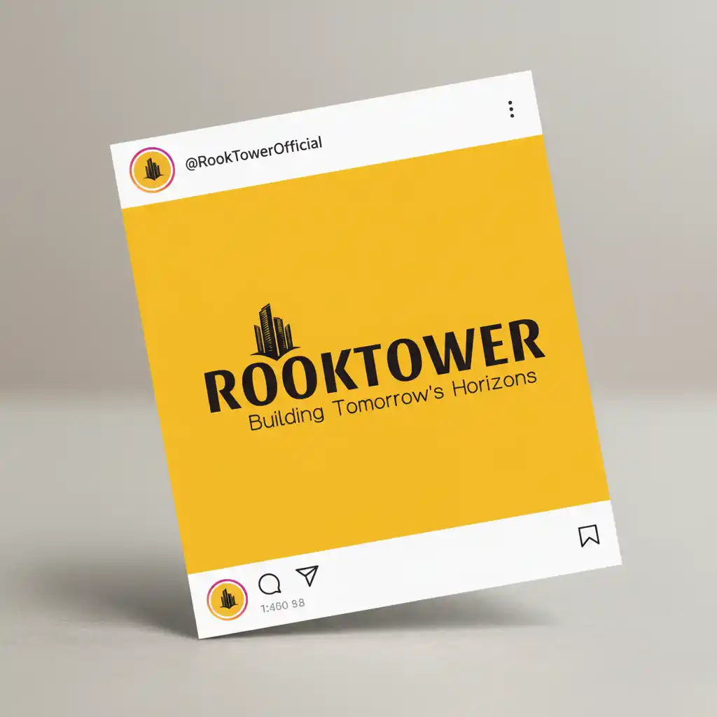 Instagram Mockup Generator-Rook Tower: A contemporary, bold skyscraper-inspired logo with strong typography and an ambitious horizons tagline.