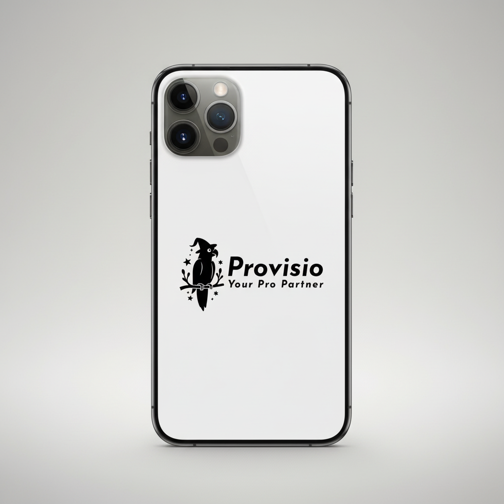 iPhoneモックアップジェネレーター-魔法使いの帽子をかぶったカラスと大胆なProvisoタイポグラフィ、そして簡潔なパートナータグラインを組み合わせた、奇抜でプロフェッショナルなブランドマーク。
