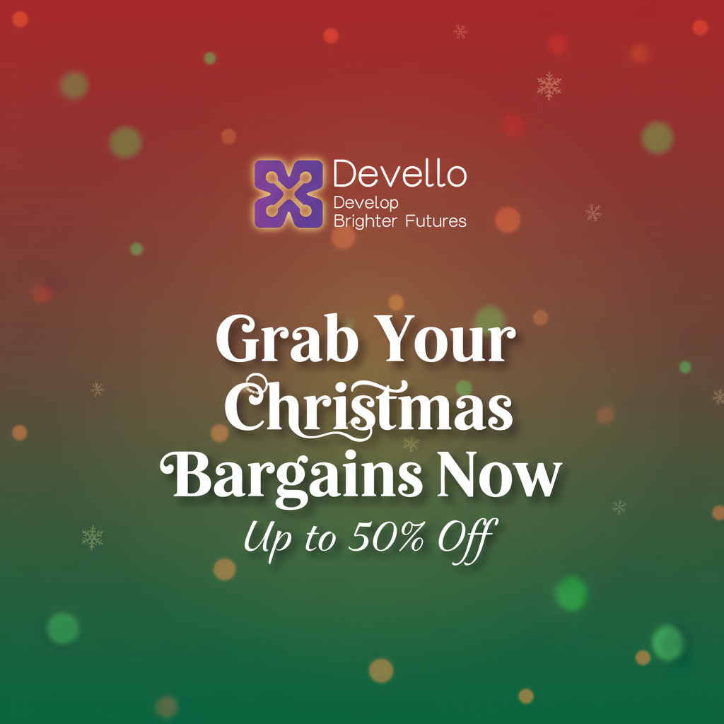 Poster Design-Festive Devello branding with purple icon, elegant typography, and a bold Christmas headline announcing up to 50% off.