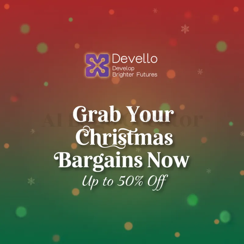 Plakatgestaltung-Festive Devello branding with purple icon, elegant typography, and a bold Christmas headline announcing up to 50% off.