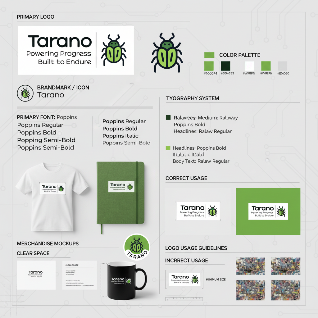Brand Identity Board-Tarano Brandmark: A modern green wordmark paired with a resilient beetle icon for eco-minded tech progress.