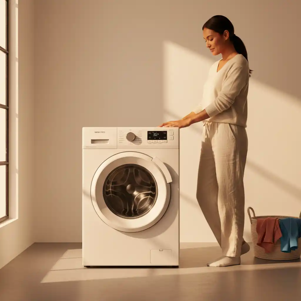 Product Hold Shoot-A serene, premium-lifestyle logo blending modern laundry tech with domestic comfort in a warm, sunlit, minimal setting.