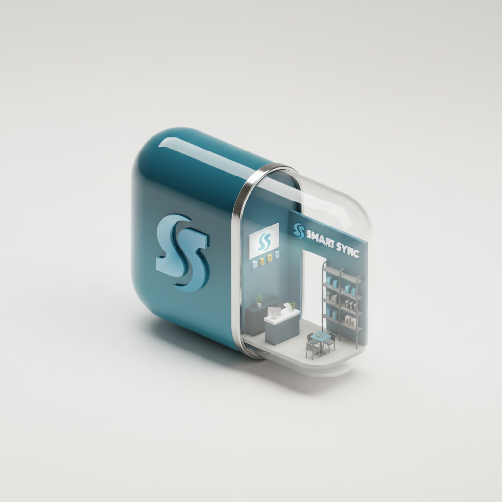 3D Logo Capsule Maker-Premium 3D capsule logo featuring a stylized S and a miniature showroom, symbolizing Smart Sync's integrated technology and retail experience.
