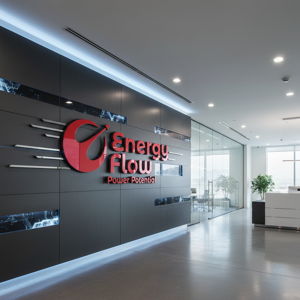 テクノロジーブランドキット-ダークパネル上の大胆な赤い3Dロゴに円形のスウーシュを配し、現代的なエネルギー技術とダイナミックな流れを伝えます。