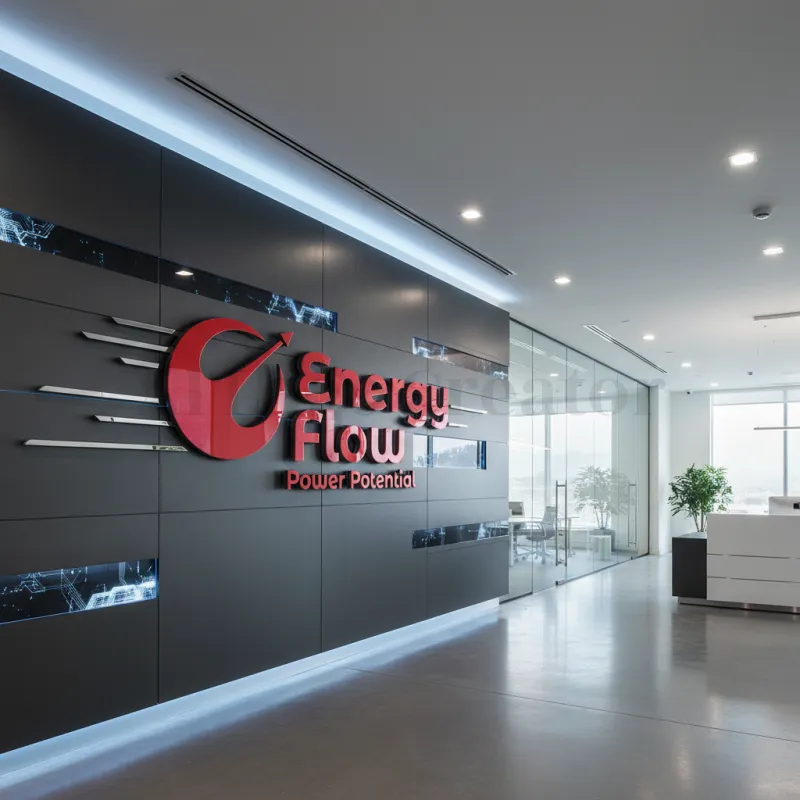 テクノロジーブランドキット-ダークパネル上の大胆な赤い3Dロゴに円形のスウーシュを配し、現代的なエネルギー技術とダイナミックな流れを伝えます。