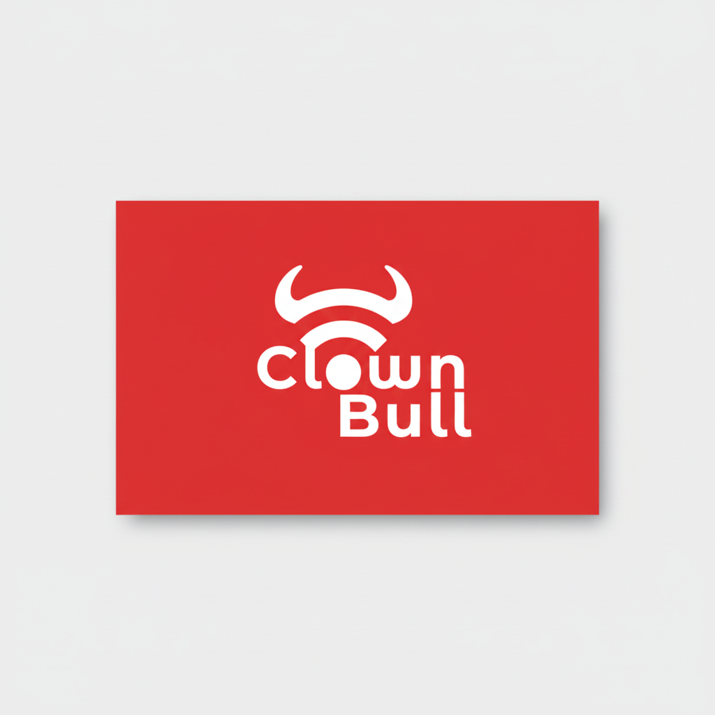 ตัวอย่างภาพนามบัตร-โลโก้วัวขี้เล่นพร้อมคำว่า wordmark sans-serif ตัวหนาโค้งมนบนนามบัตรสีแดงสดใสสำหรับการสร้างแบรนด์