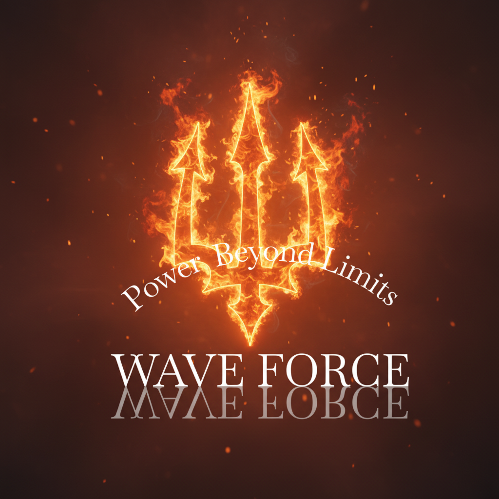 AIロゴアート-炎のトライデント紋章:限界を超える力、波の力を燃えさし輝く反射的な優雅さと映画的なインパクトで捉える。