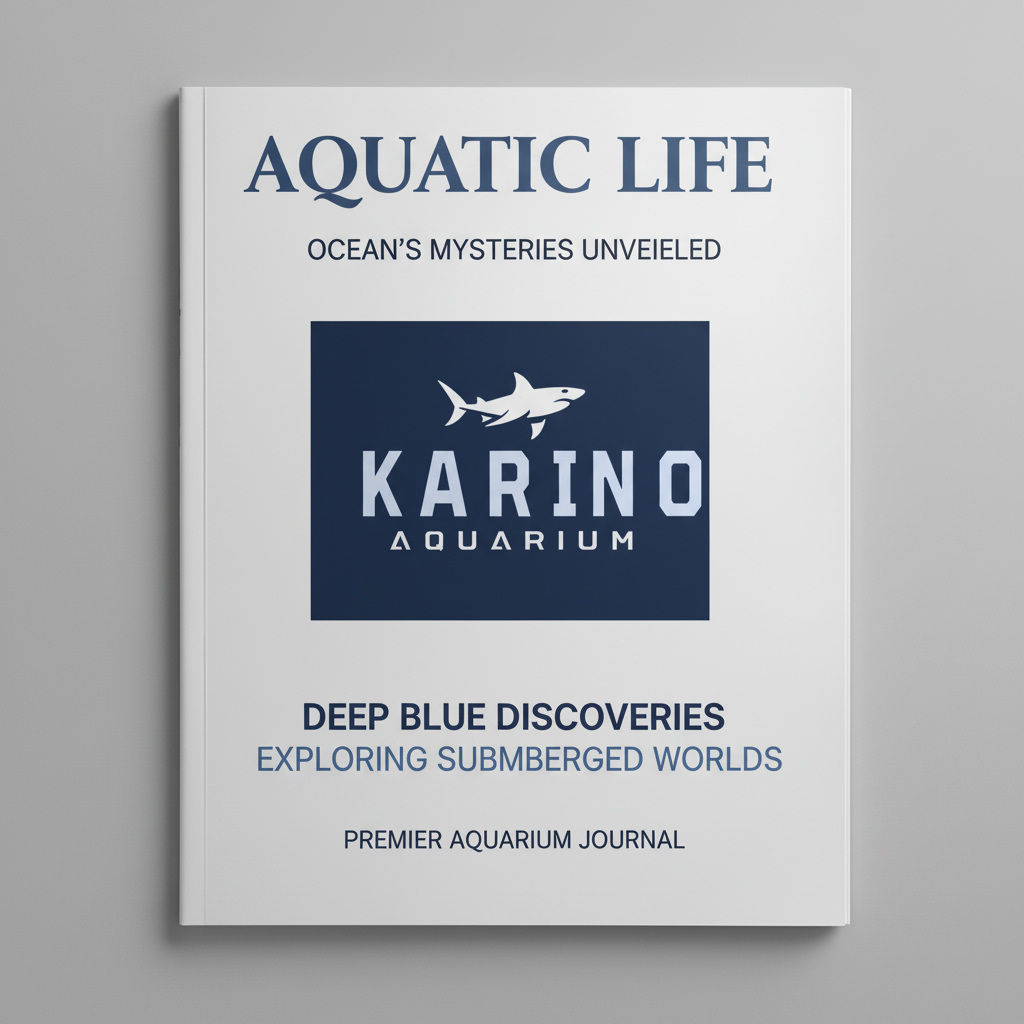 Magazine Mockup Generator-Navy-on-white magazine-cover style logo featuring a shark silhouette and bold KARINO AQUARIUM wordmark with clean typography.