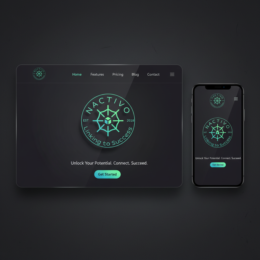 Website Mockup Generator-Neon teal circular seal for NACTIVO: a network-inspired emblem with 'Linking to Success' tagline on a dark, glossy background.