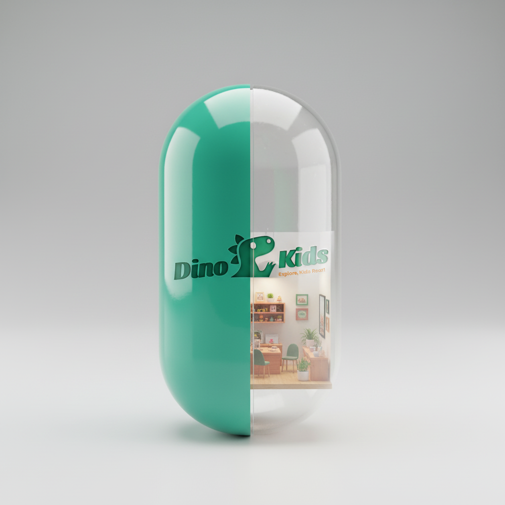 3Dロゴカプセルメーカー-フレンドリーな恐竜と居心地の良い室内シーンを特徴とする光沢のあるバイカラーカプセルロゴで、子供たちの探求と学習を体現しています。