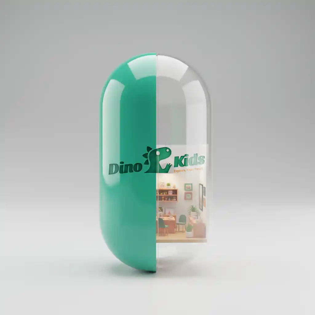 3D Logo Capsule Maker-A glossy bi-color capsule logo featuring a friendly dinosaur and cozy interior scene, embodying exploration and learning for kids.