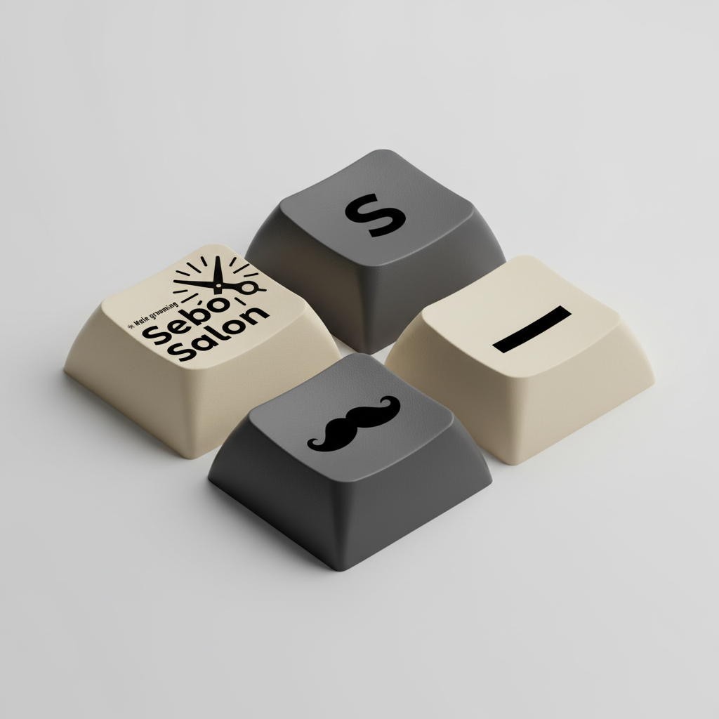 AI Branded Keycaps Generator-A playful 3D keycap logo for Sebod Salon with sunburst wordmark and moustache icon on cream and gray caps.