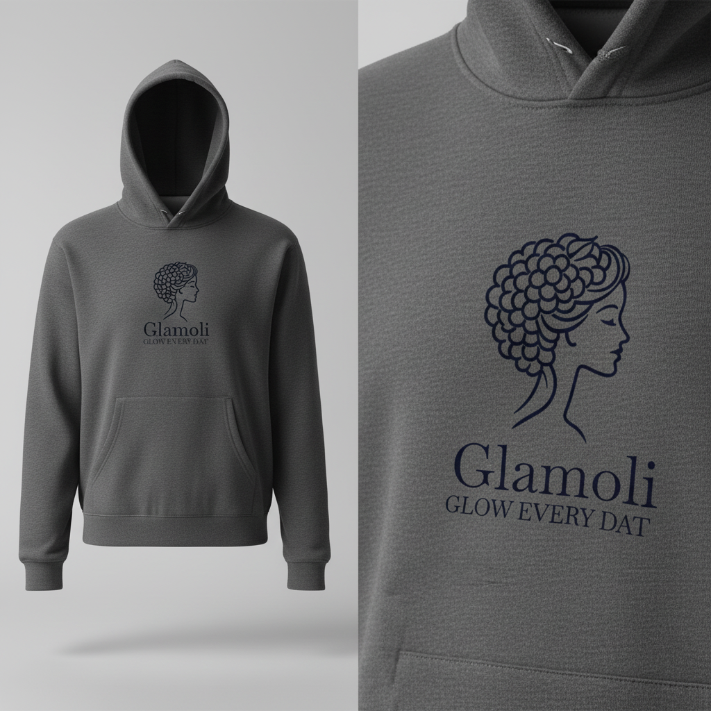 連帽衛衣模型生成器-Elegant profile silhouette with floral curl hairstyle, navy line art, 'Glamoli' typography and 'GLOW EVERY DAT' tagline