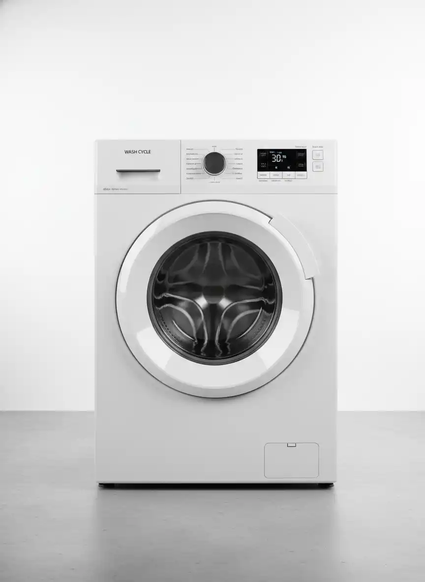 A serene, premium-lifestyle logo blending modern laundry tech with domestic comfort in a warm, sunlit, minimal setting.