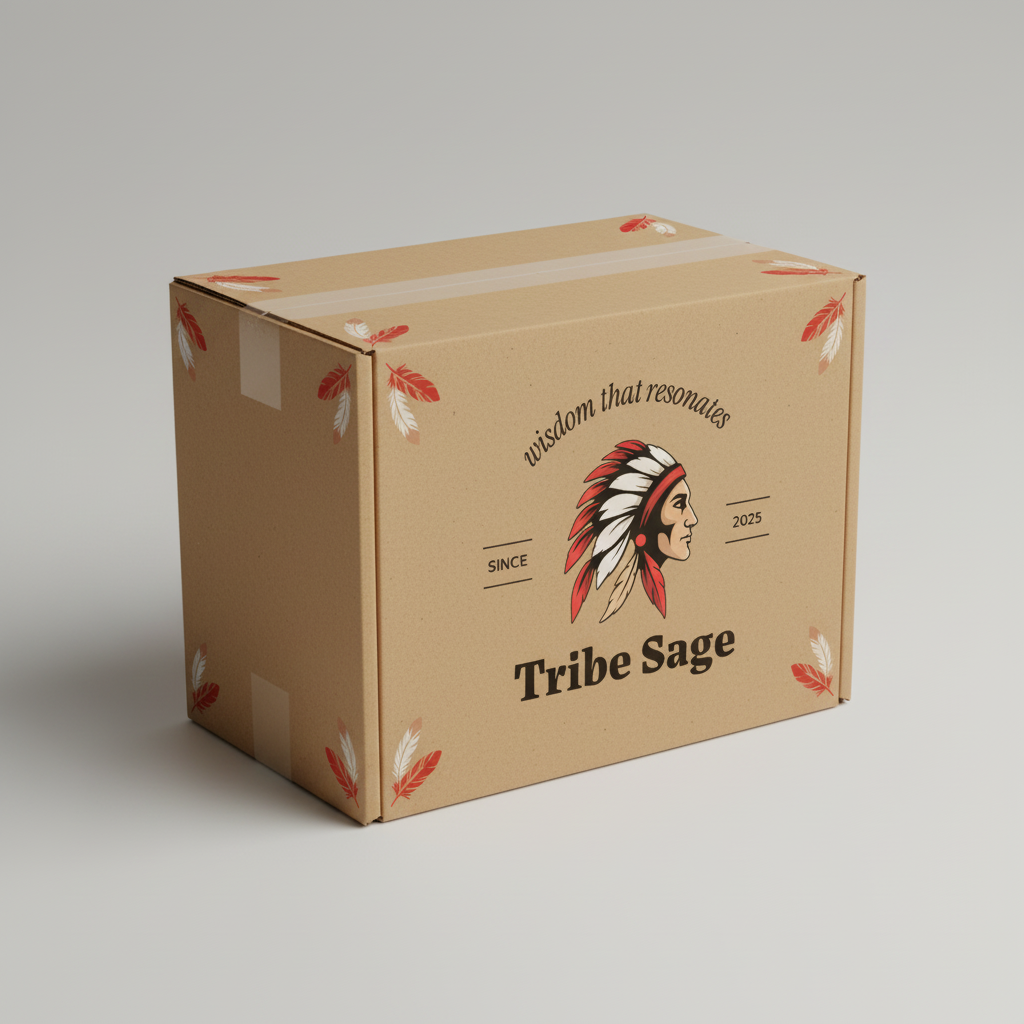 Cardboard Box Packaging-Heritage-inspired packaging logo with a Native American headdress emblem, curved slogan, and bold 'Tribe Sage' typography.