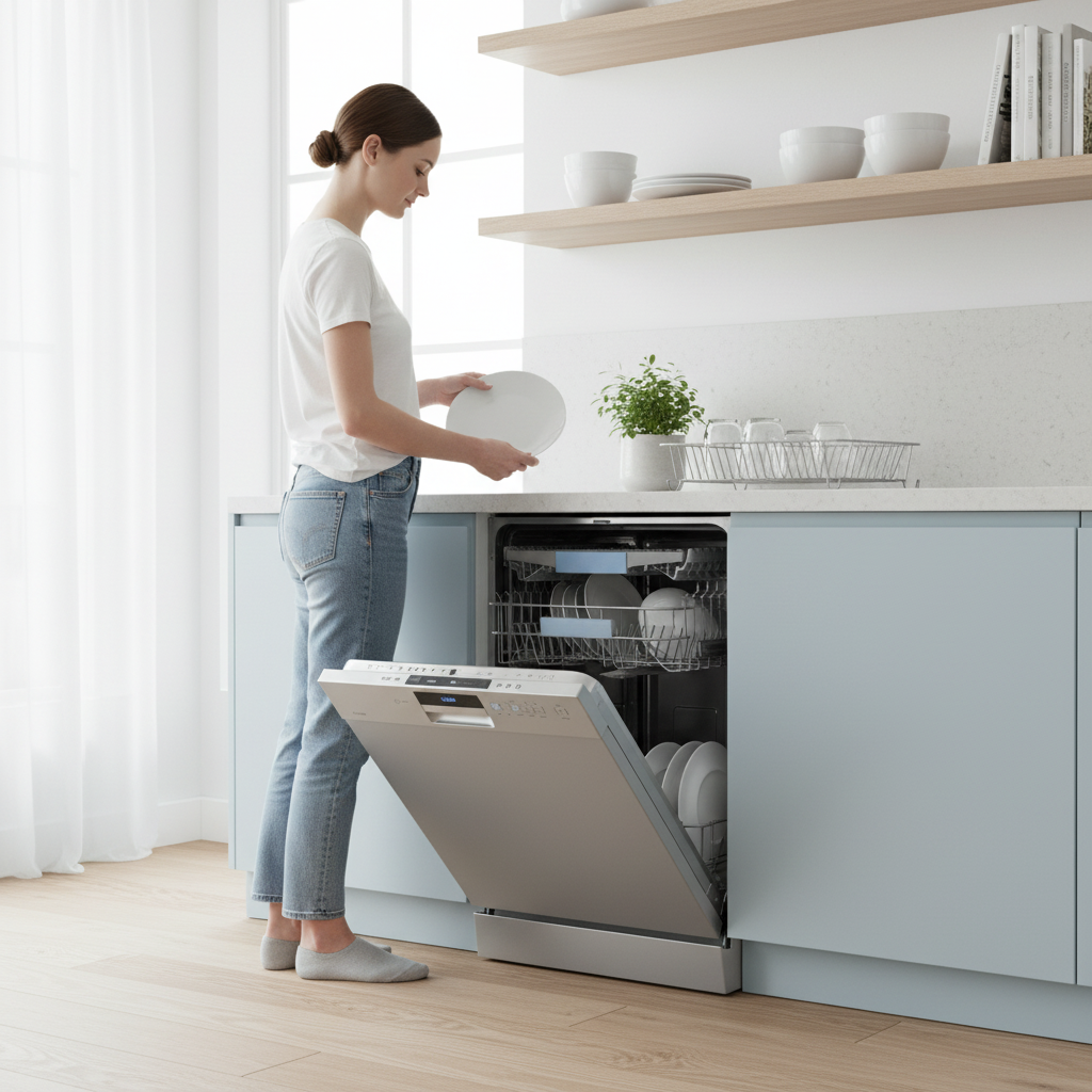 ภาพสินค้าแบบถือในมือ-โลโก้เครื่องล้างจานแบบเปิดจานเรียบง่ายพร้อมจาน สื่อถึงความสะอาด ประสิทธิภาพ และการใช้ชีวิตในบ้านร่วมสมัยสำหรับแบรนด์เครื่องใช้ไฟฟ้าทันสมัยและสตาร์ทอัพในครัว