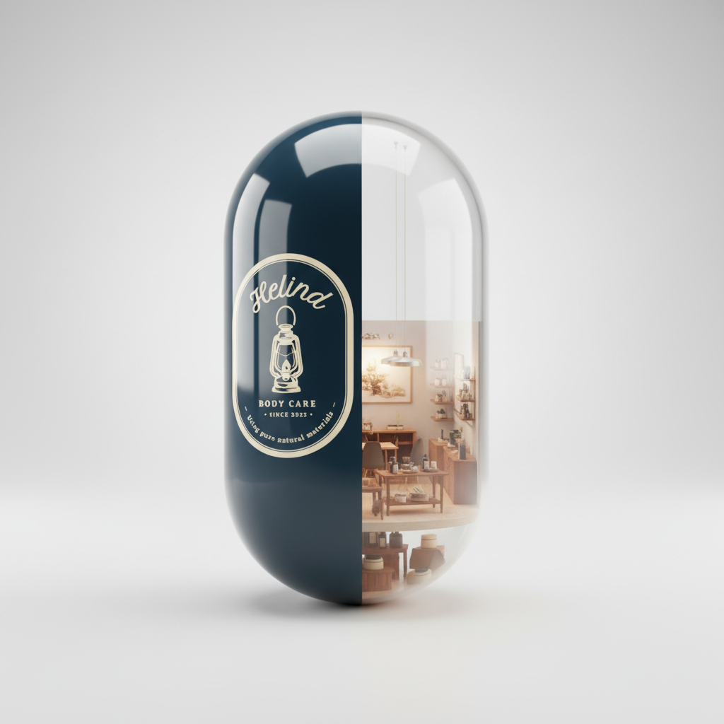 3D Logo Capsule Maker-A premium body care logo combining a vintage lantern emblem with a split-glass capsule motif for luxury packaging.