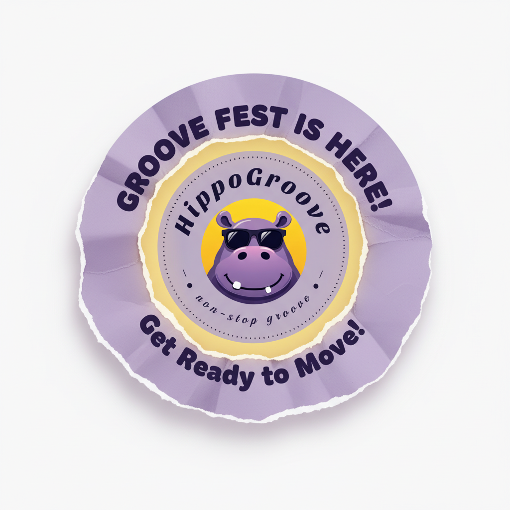 찢어진 종이 효과 포스터-라벤더 고리, 굵은 곡선 텍스트, 화사한 노란색 후광, 그리고 hippoGroove 브랜딩이 특징인 장난기 넘치는 하마 축제 로고입니다.