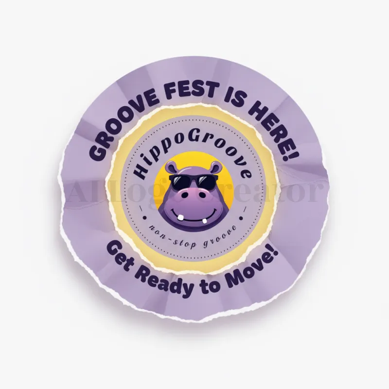 찢어진 종이 효과 포스터-라벤더 고리, 굵은 곡선 텍스트, 화사한 노란색 후광, 그리고 hippoGroove 브랜딩이 특징인 장난기 넘치는 하마 축제 로고입니다.