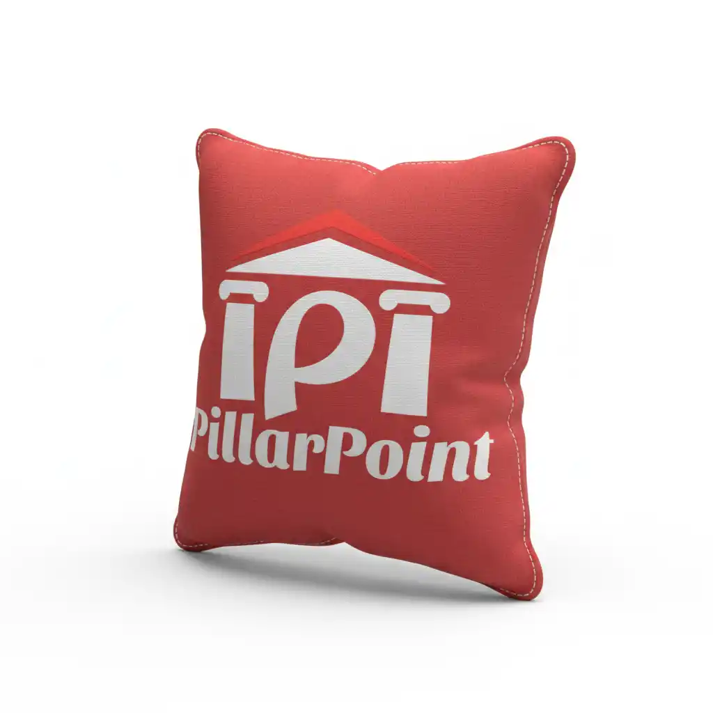 3D Plush Pillow Logo Generator-Bold red cushion logo featuring white IPI pillars, a stylized triangular roof, and the PillarPoint wordmark.