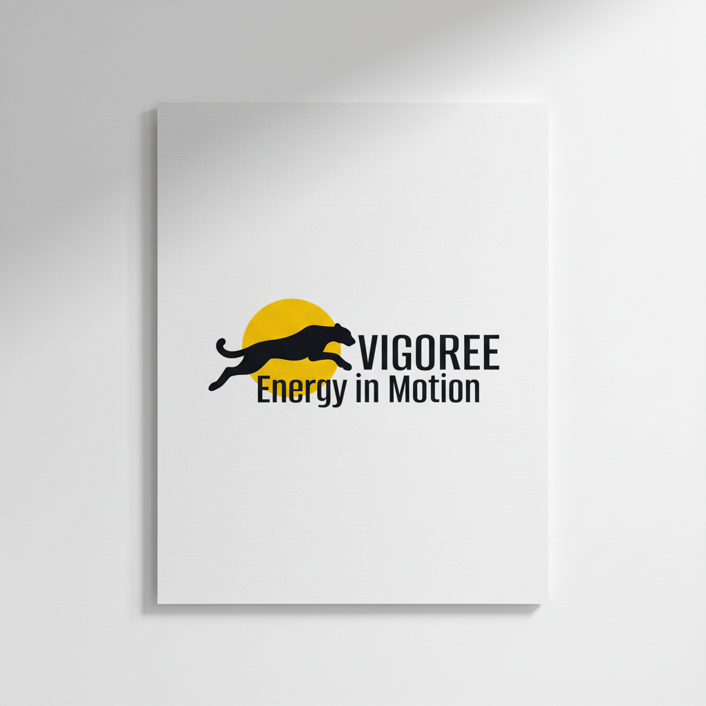 ポスターモックアップジェネレーター-Vigoree Energy in Motion ブランドアイデンティティのための、太陽のモチーフと大胆なタイポグラフィを備えたダイナミックなパンサーロゴ