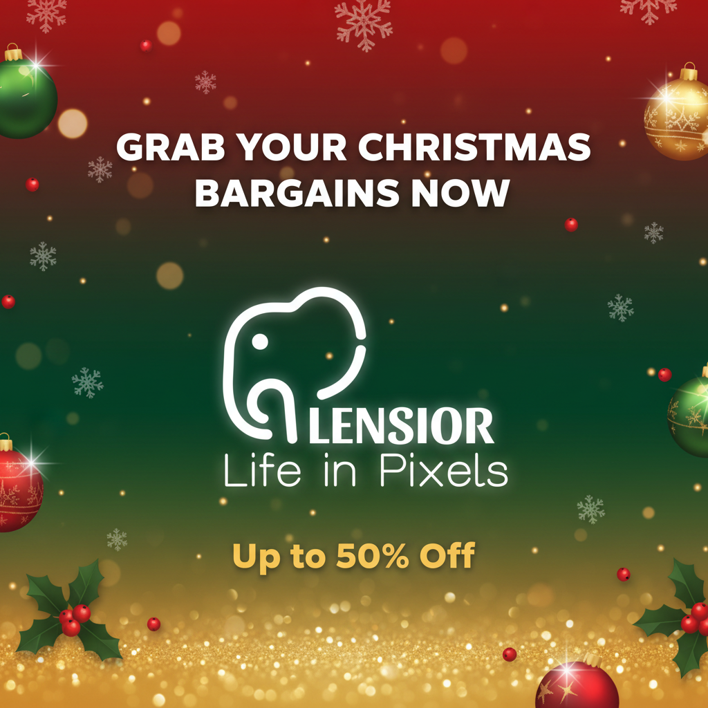 ポスターデザイン-ホリデーセールバナー用の、ミニマリストな象のエンブレムと「Lensior Life in Pixels」ブランディングを施したフェスティブなロゴ。