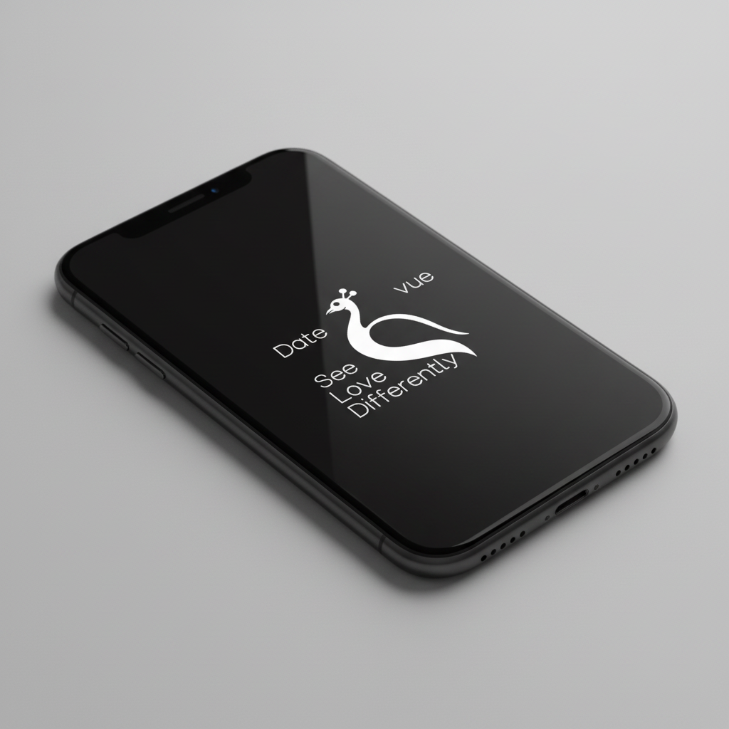 iPhone-Mockup-Generator-Minimalistisches weißes Pfauenemblem zentriert auf einem glänzenden schwarzen Smartphone-Display mit eleganter, geschwungener Typografie, die 'Date See Love Differently' lautet.