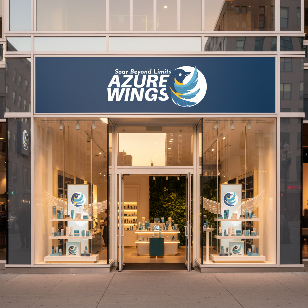 Beauty Brand Kit-Bold circular emblem with a stylized blue-and-white bird and sweeping wings, paired with bold uppercase typography.