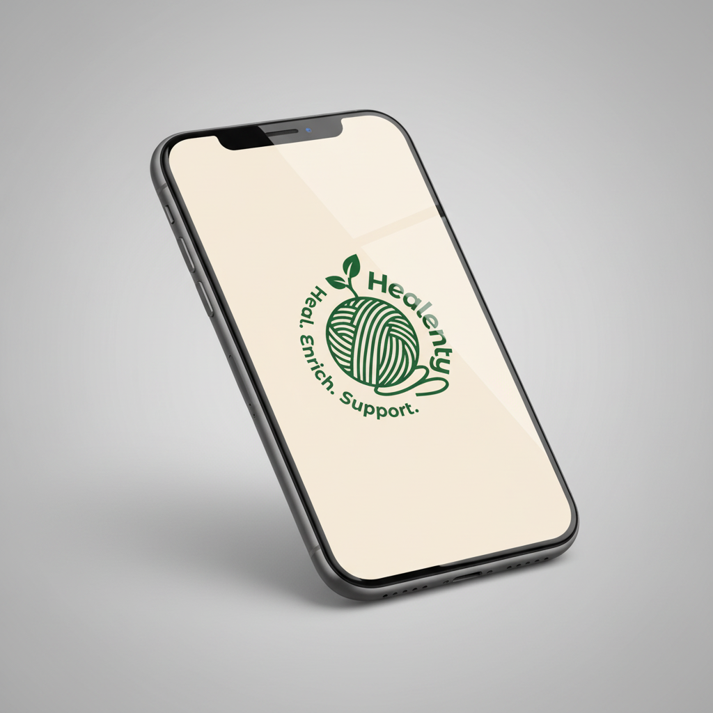 Iphone Mockup Generator-Circular Yarn Emblem Conveying Health, Enrichment, and Support through a Green Knitting Motif in a Modern Flat Design for Branding.