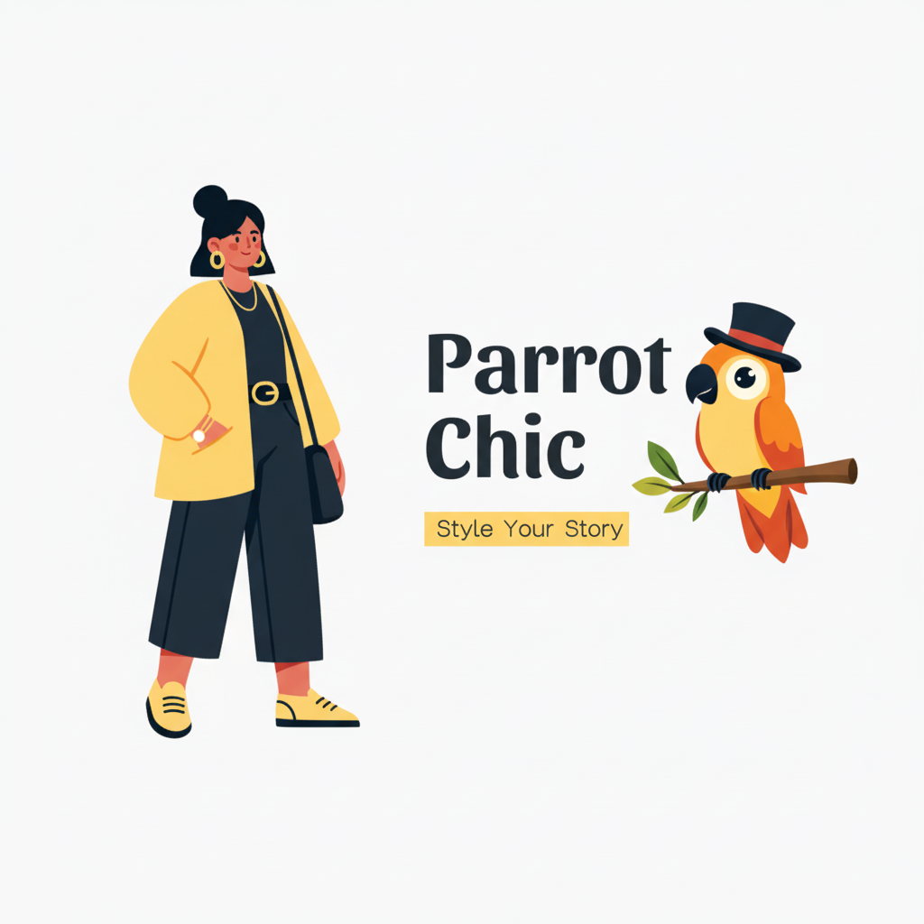 Póster de Embajador de Marca-Un logotipo de marca de moda elegante que combina a una mujer chic y un loro con sombrero, celebrando la narración de historias de estilo.