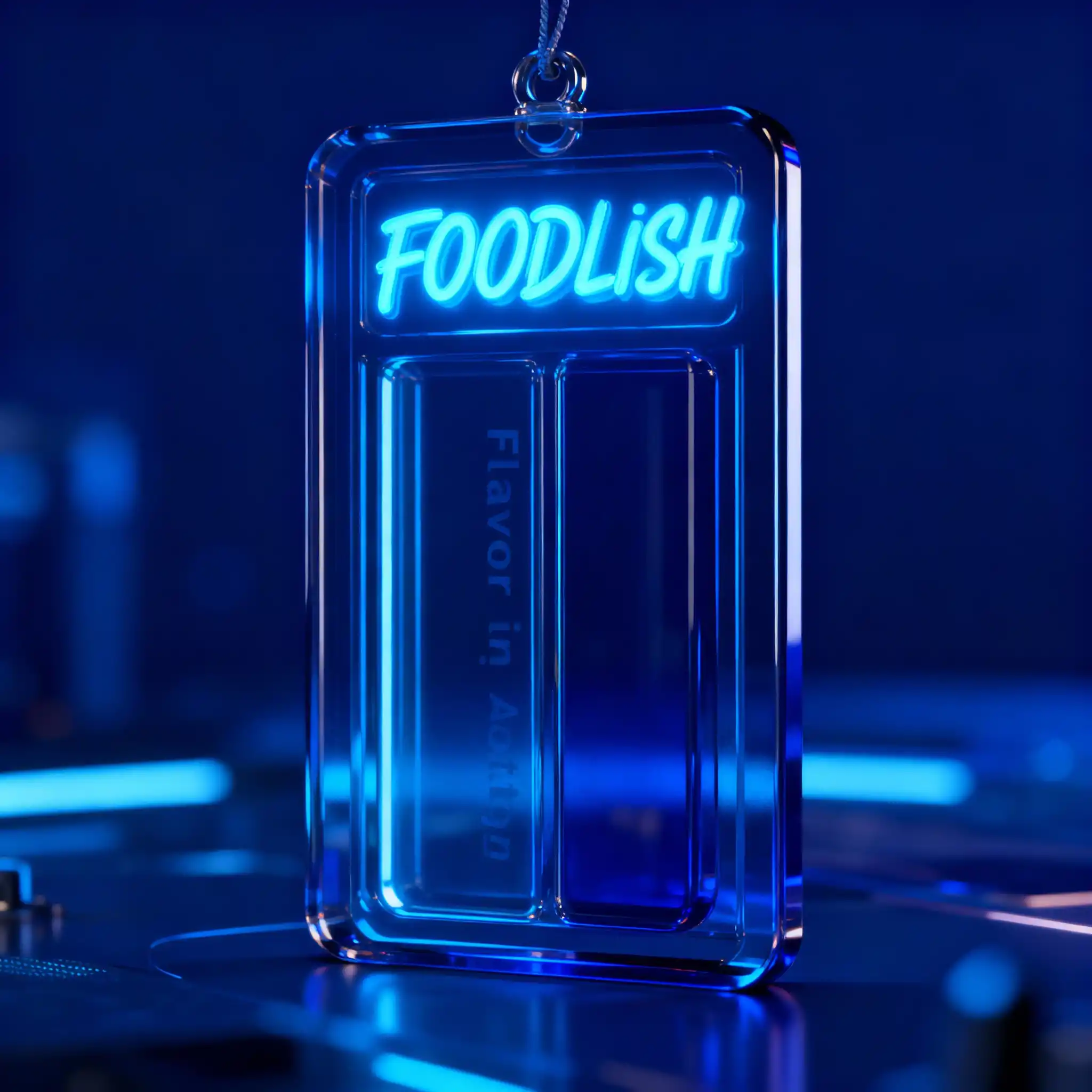 Trending Glass Texture Card Design-A neon-blue pendant logo with 'FOODLiSH' lettering and vertical 'Flavor in Action' cue for a retro-futuristic brand.