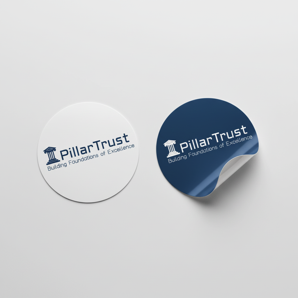 ステッカーモックアップ-白と青の円形ステッカーに、古典的な柱のアイコンとPillarTrustのワードマークをあしらったモダンな企業バッジ。