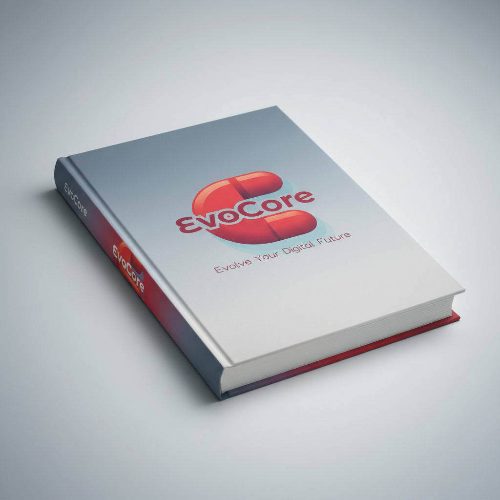 Book Mockup Generator-A modern, futuristic EvoCore logo with a red-orange circular emblem, white typography, and a subtle digital-forward tagline.