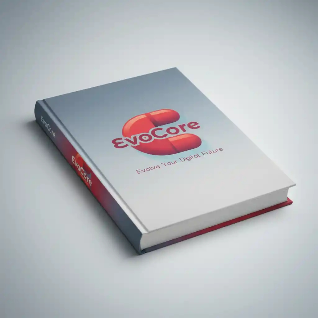 Book Mockup Generator-A modern, futuristic EvoCore logo with a red-orange circular emblem, white typography, and a subtle digital-forward tagline.