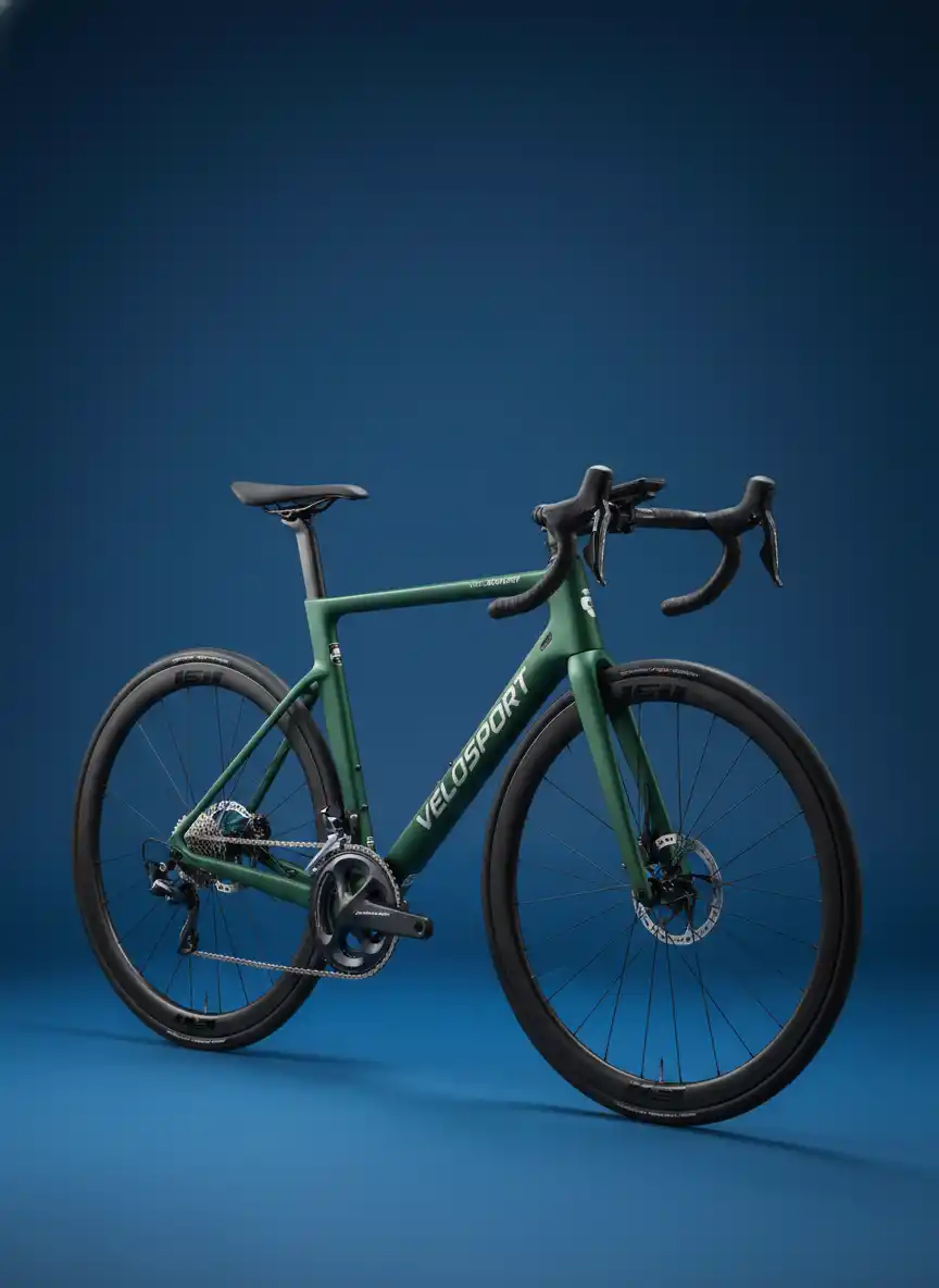 大胆なタイポグラフィとベクターの明瞭さを持つ現代的なサイクリングブランドのための、スピードと海岸の精神を捉えた洗練された青緑色のロードバイクのエンブレム。