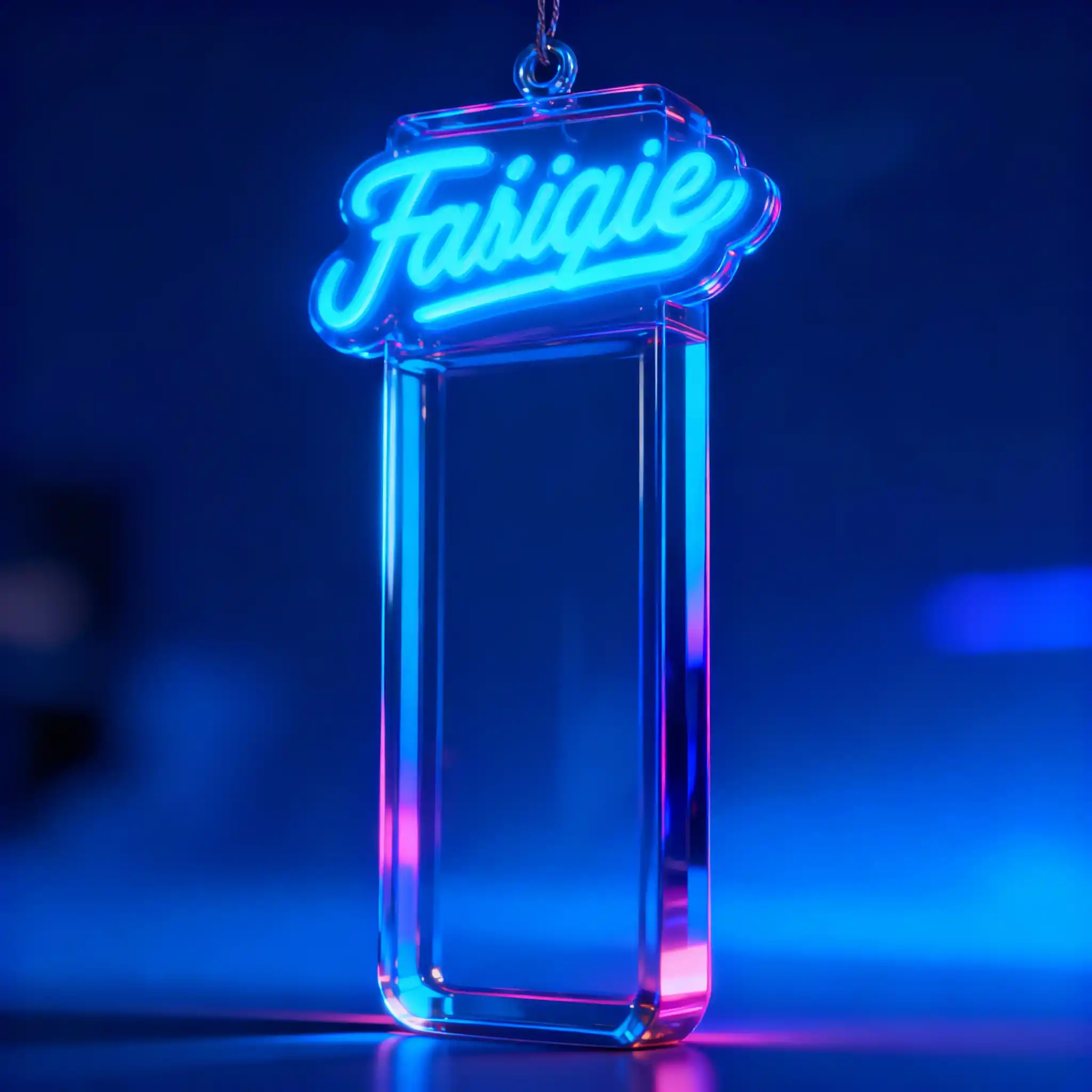 Trending Glass Texture Card Design-A luminous neon sign perched on a crystal pedestal, spelling Fatigue in blue cursive, with pink glow.