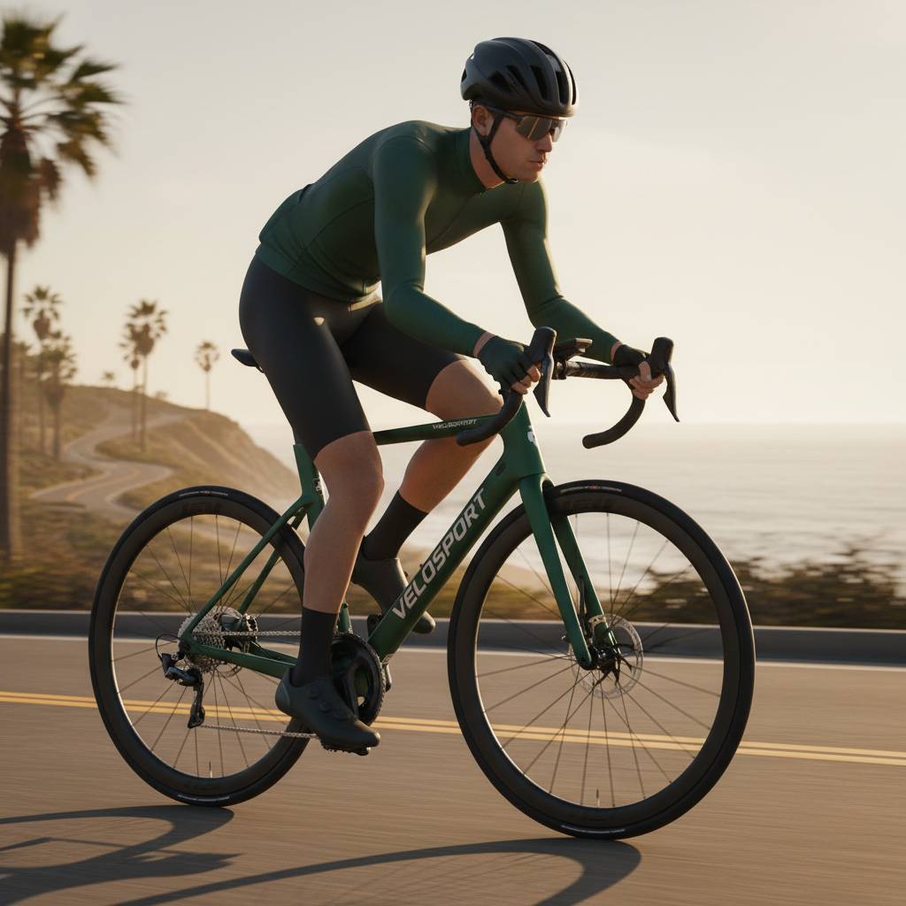 手持產品拍攝-Sleek teal road-bike emblem capturing speed and coastal spirit for a modern cycling brand with bold typography and vector clarity.