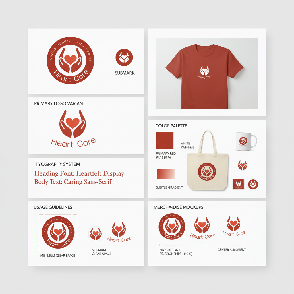 ブランドアイデンティティボード-ハートケアのための円形のハートハンドエンブレム：温かい赤色のパレット、親しみやすいタイポグラフィ、アパレルや商品向けに拡縮可能。