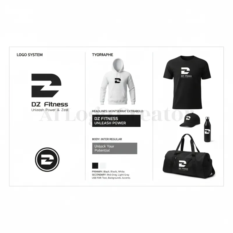 Tablero de Identidad de Marca-Monograma DZ geométrico audaz con logotipo tipográfico sans-serif limpio para una marca de fitness versátil y de alto contraste, adecuada para ropa, empaques y medios.