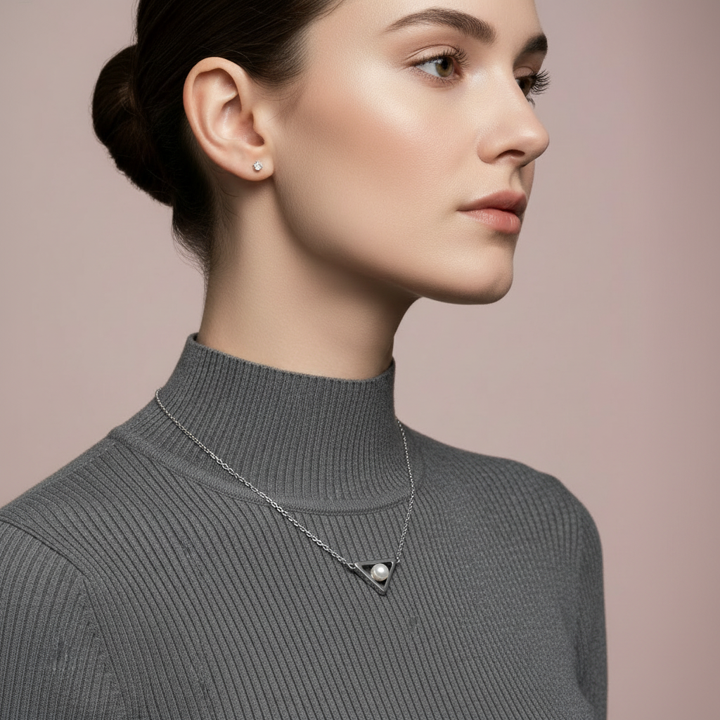 Jewelry Display-A refined triangular pearl pendant emblem for a modern luxury jewelry brand, radiating minimalist elegance and timeless sophistication.