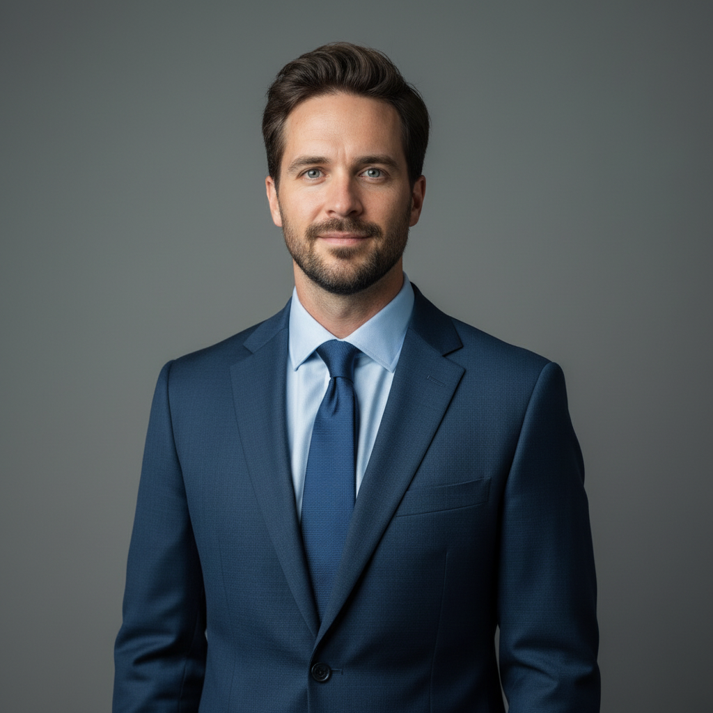 Professional Portraits-Professional blue crest logo inspired by a sharp suit silhouette for finance and consulting brands.