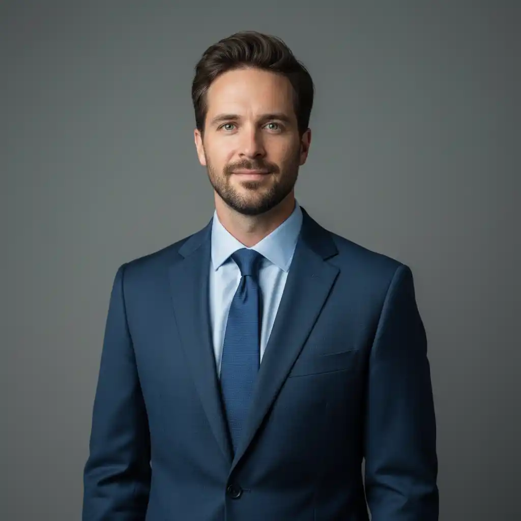 Professional Portraits-Professional blue crest logo inspired by a sharp suit silhouette for finance and consulting brands.