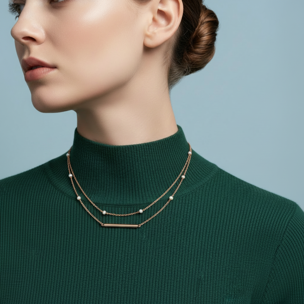 Jewelry Display-A refined, layered gold chain logo with pearls and a slim bar pendant for timeless luxury branding.