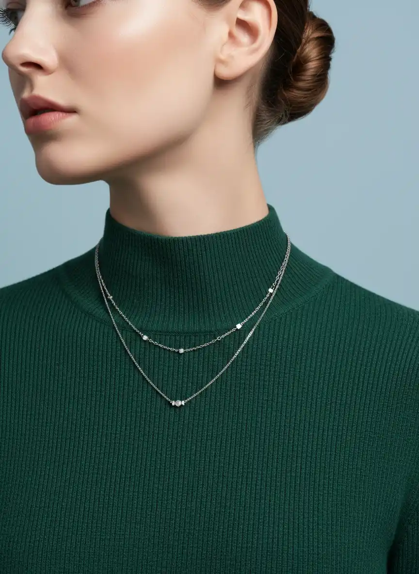 真珠と細長いバーペンダントをあしらった、洗練された重ね掛けのゴールドチェーンロゴ。時代を超えたラグジュアリーブランディングに最適です。