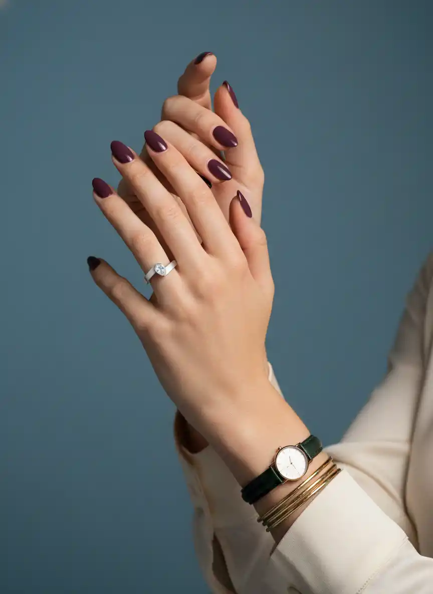 Jewelry Display-Elegant hands motif for a luxury jewelry brand showing plum nails, a diamond ring, and a green leather watch