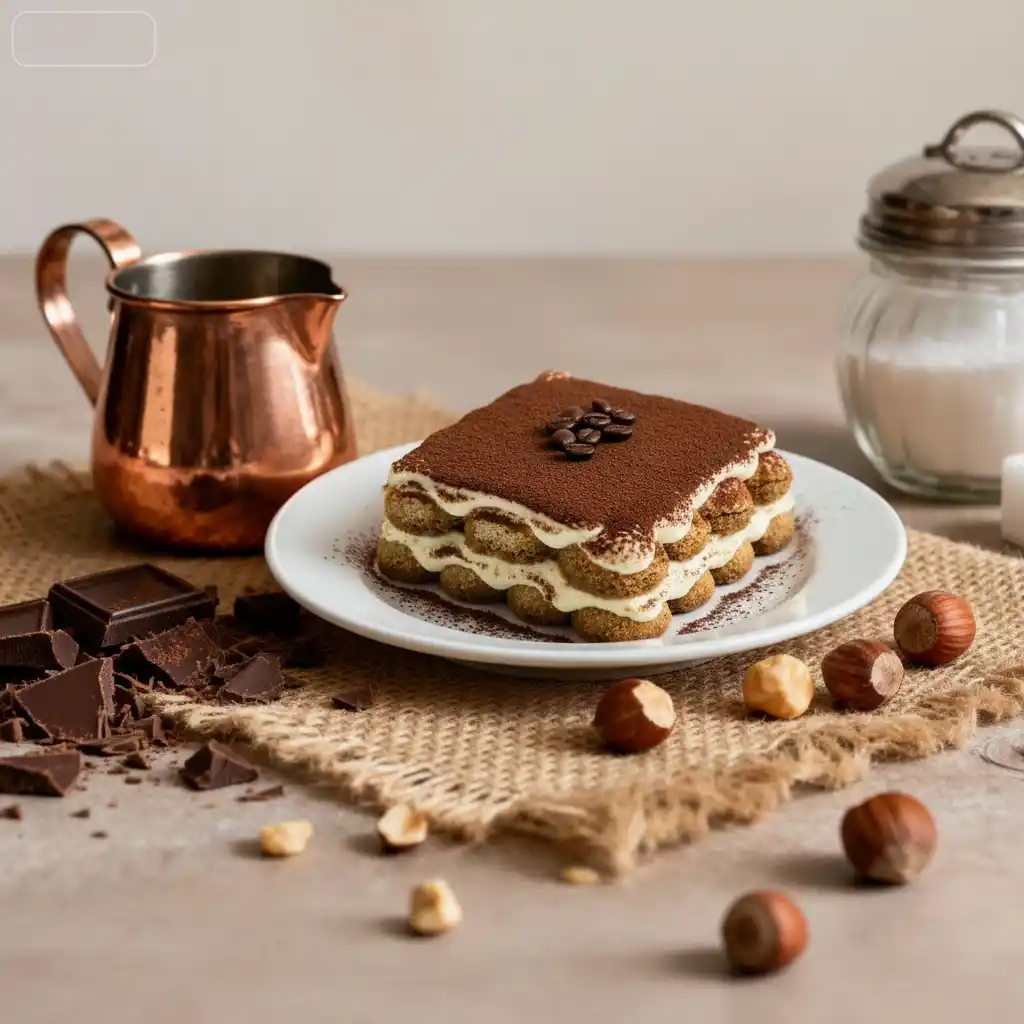 Dessert Display-A warm rustic luxury dessert and coffee brand emblem blending cocoa-dusted tiramisu vibes with premium craftsmanship.