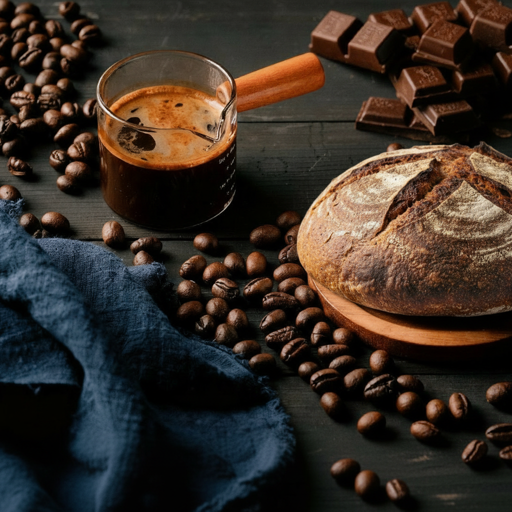 Dessert Display-A warm, earthy badge uniting coffee, bread, and chocolate into a rustic artisanal brand emblem