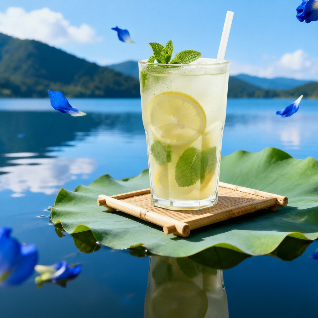 Beverage Beautified Display-A refreshing lemon-mint logo set on a lotus leaf backdrop with a serene lake and distant mountains.